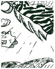 Ink drawing of a zebra-striped cow