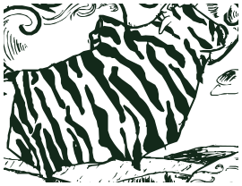 Ink drawing of a zebra-striped cut of beef rising over the hills