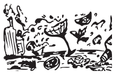 Ink drawing of a market stall with a bottle, mushrooms, tomatoes and herbs